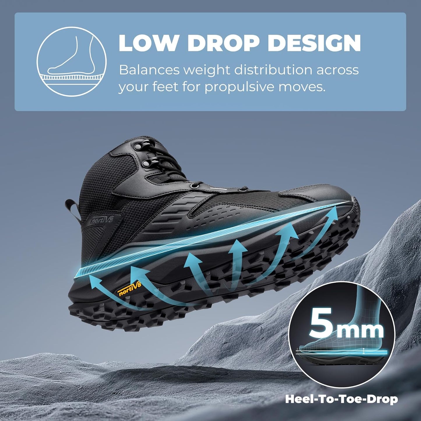 NORTIV 8 Men's Wide Toe Box Hiking Boots Low Drop Waterproof Outdoor Trekking Camping Shoes for Plantar Fasciitis Bunion Katahdin