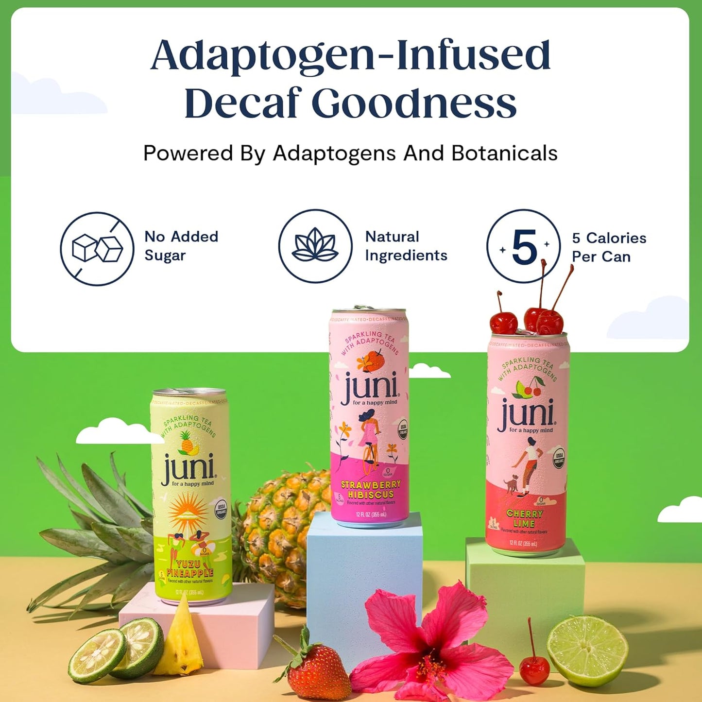 Juni Sparkling Adaptogen Drink with Ashwagandha, Lion’s Mane & Reishi Mushrooms | Green Tea for Focus, Zero Sugar, 5 Calories | Decaffeinated, Non Alcoholic Drinks - Yuzu Pineapple 12 pack
