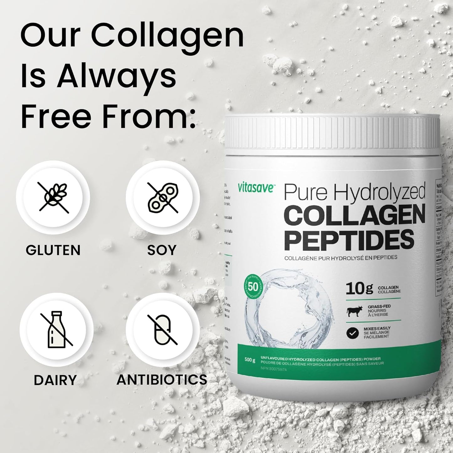 Collagen Peptides Powder – 10g Hydrolyzed Collagen per Serving – Unflavored, Grass-Fed, Keto Friendly – Skin, Hair, Nails & Joint Support – 500g