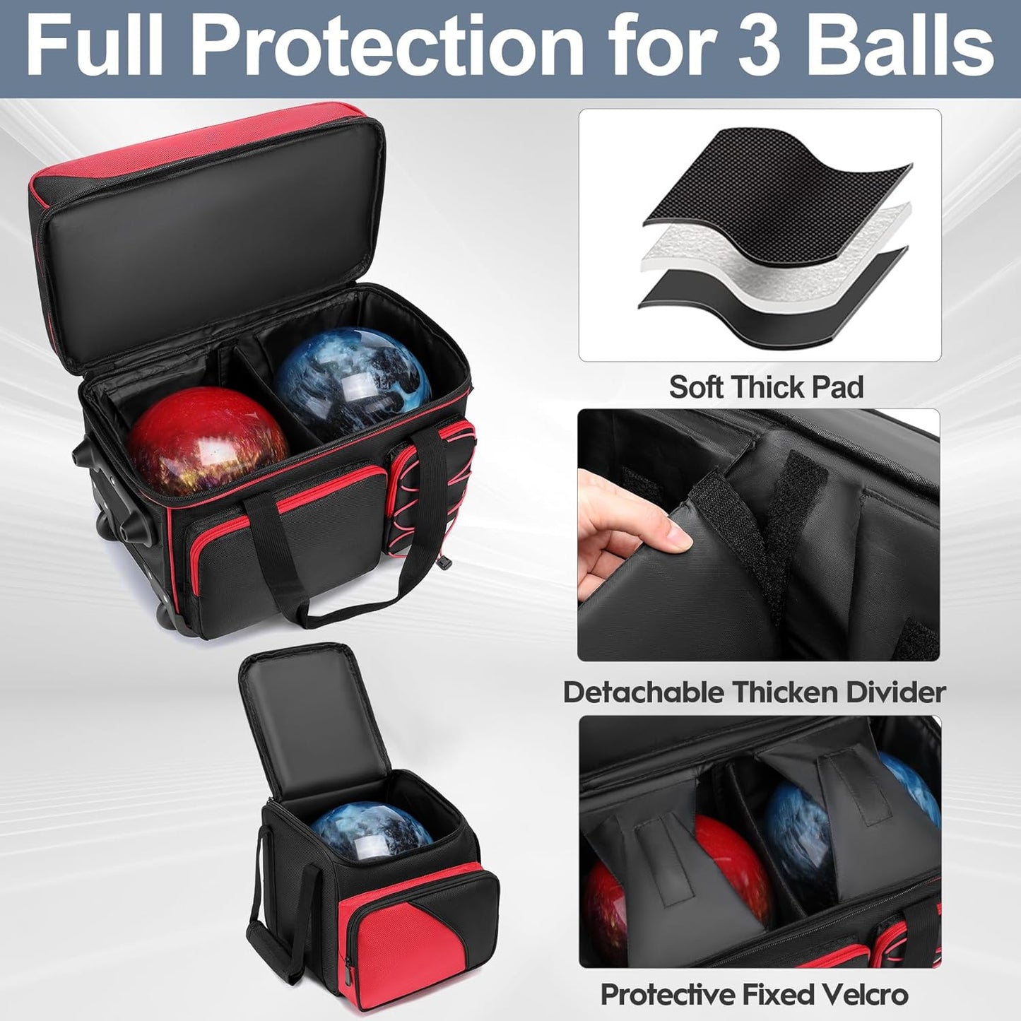 3 Ball Bowling Bag with Wheels, Bowling Bag 3 Ball Roller with Separate Shoe Compartment and Accessory Pocket, 2 Ball Roller Bag Plus Single Ball Tote