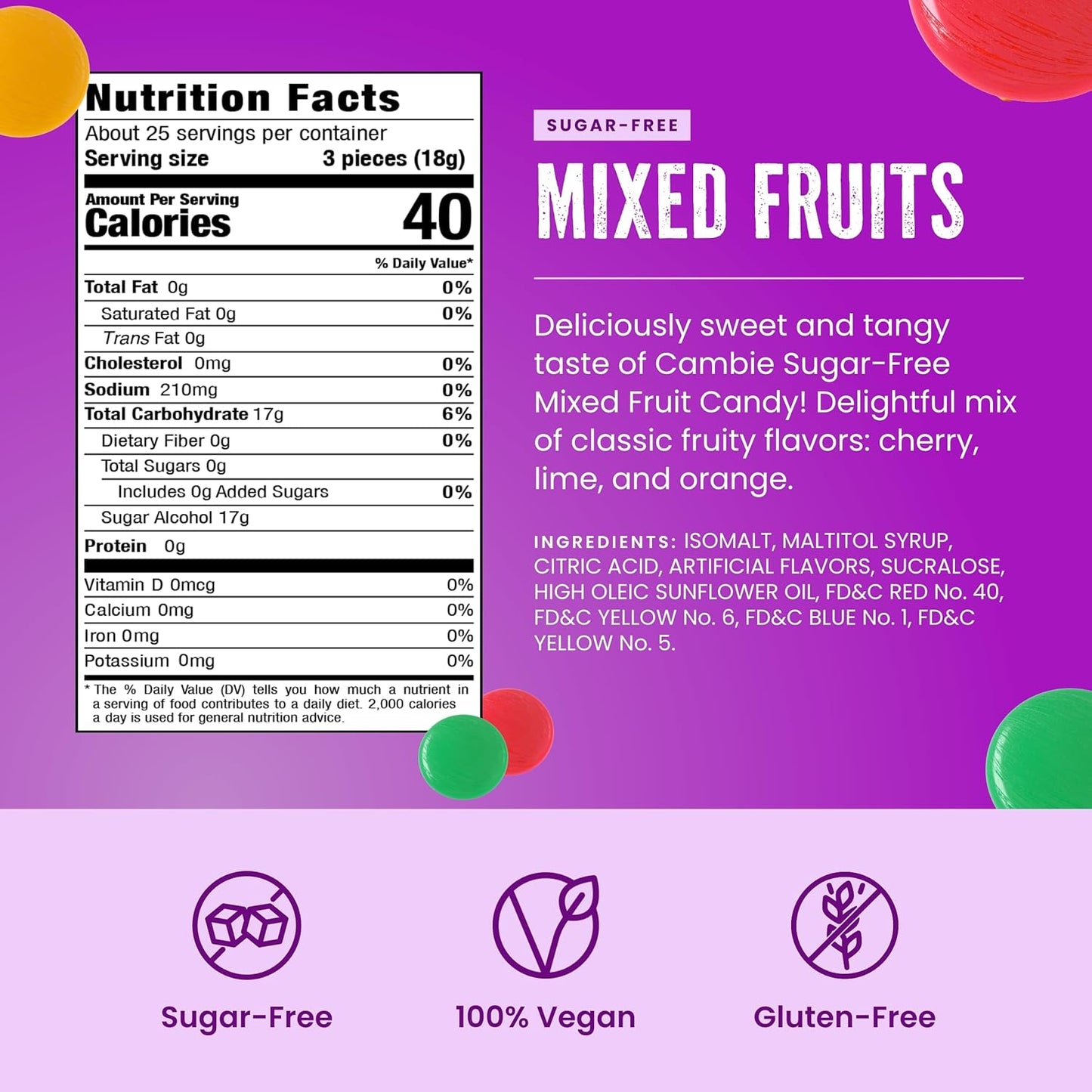 Cambie Sugar Free Mixed Fruit Hard Candy - 1 Pound of Individually Wrapped Sugar Free Hard Candy, Assorted Fruit Flavors with Cherry, Lime, and Orange, Keto & Diabetic Friendly