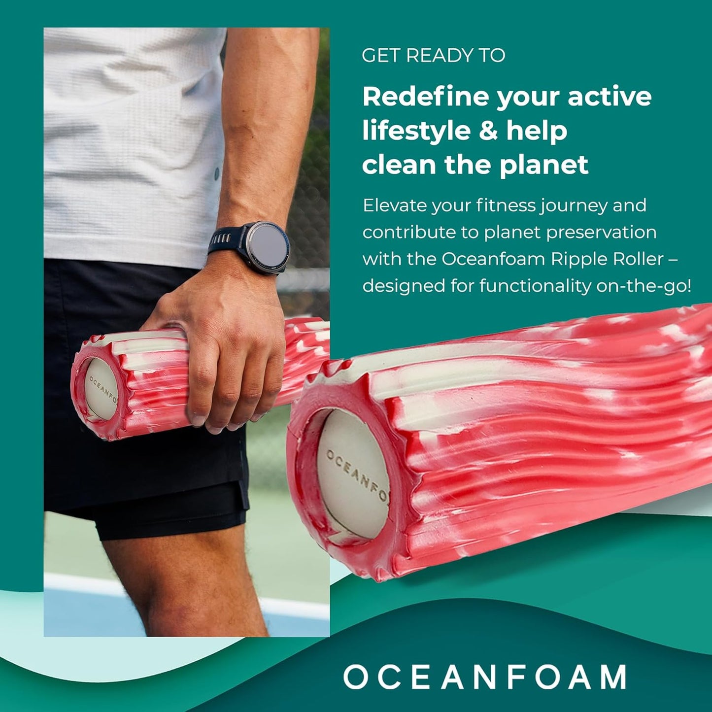 Oceanfoam Ripple Travel Foam Roller (11" x 3.35") Firm Mini Foam Roller for Physical Therapy, Deep Tissue Massage, Back Pain - High Density, Ergonomic Wave Textured - Yoga, Exercise (Red Marbled)