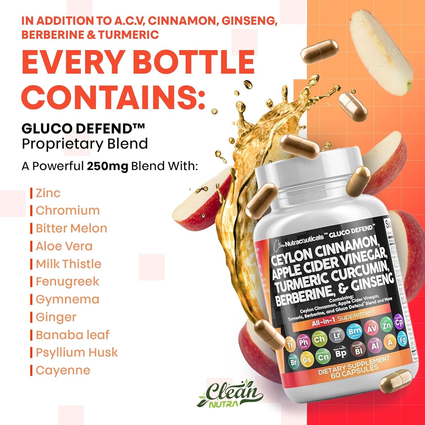 Clean Nutraceuticals Ceylon Cinnamon Turmeric Apple Cider Vinegar Ginseng Berberine Plus Bitter Melon Gymnema Milk Thistle Fenugreek - 2Pack