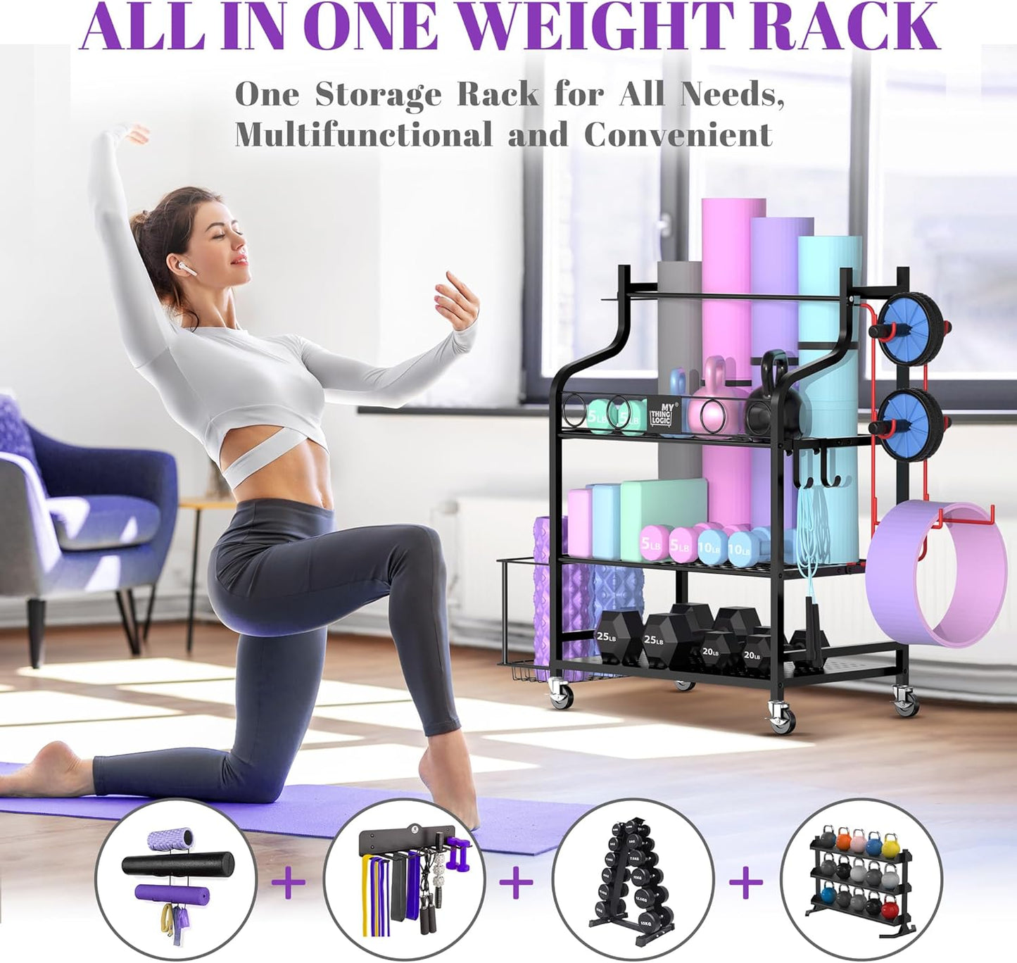 Mythinglogic Yoga Mat Storage Racks,Home Gym Storage Rack for Dumbbells Kettlebells Foam Roller, Yoga Strap and Resistance Bands, Workout Equipment Storage Organizer With Hooks and Wheels