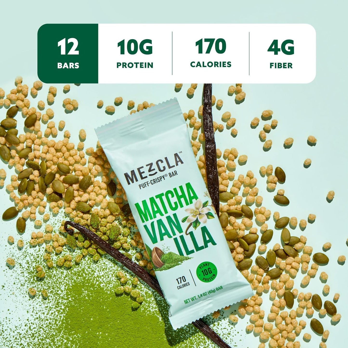 Mezcla Puff Crispy Protein Bars, Gluten Free & Vegan Protein Bars, 10g Protein, Alt for Crispy Rice Treat, Granola Bars & Breakfast Bars, Healthy Snacks for Adults, Matcha Vanilla, 12 Pack