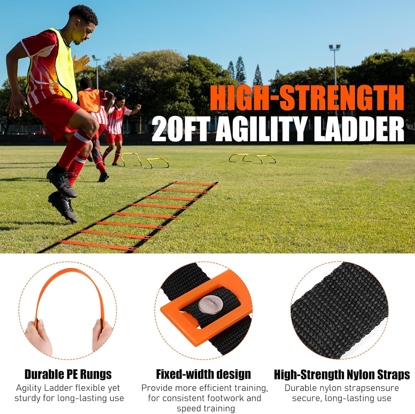 Soccer Training Equipment, Agility Speed Training Set with 20ft Speed Ladder, 12 Cones, 4 Adjustable Hurdles, Jump Rope, Parachute | Ideal for Basketball, Football Practise, for Kids, Youth, Adults