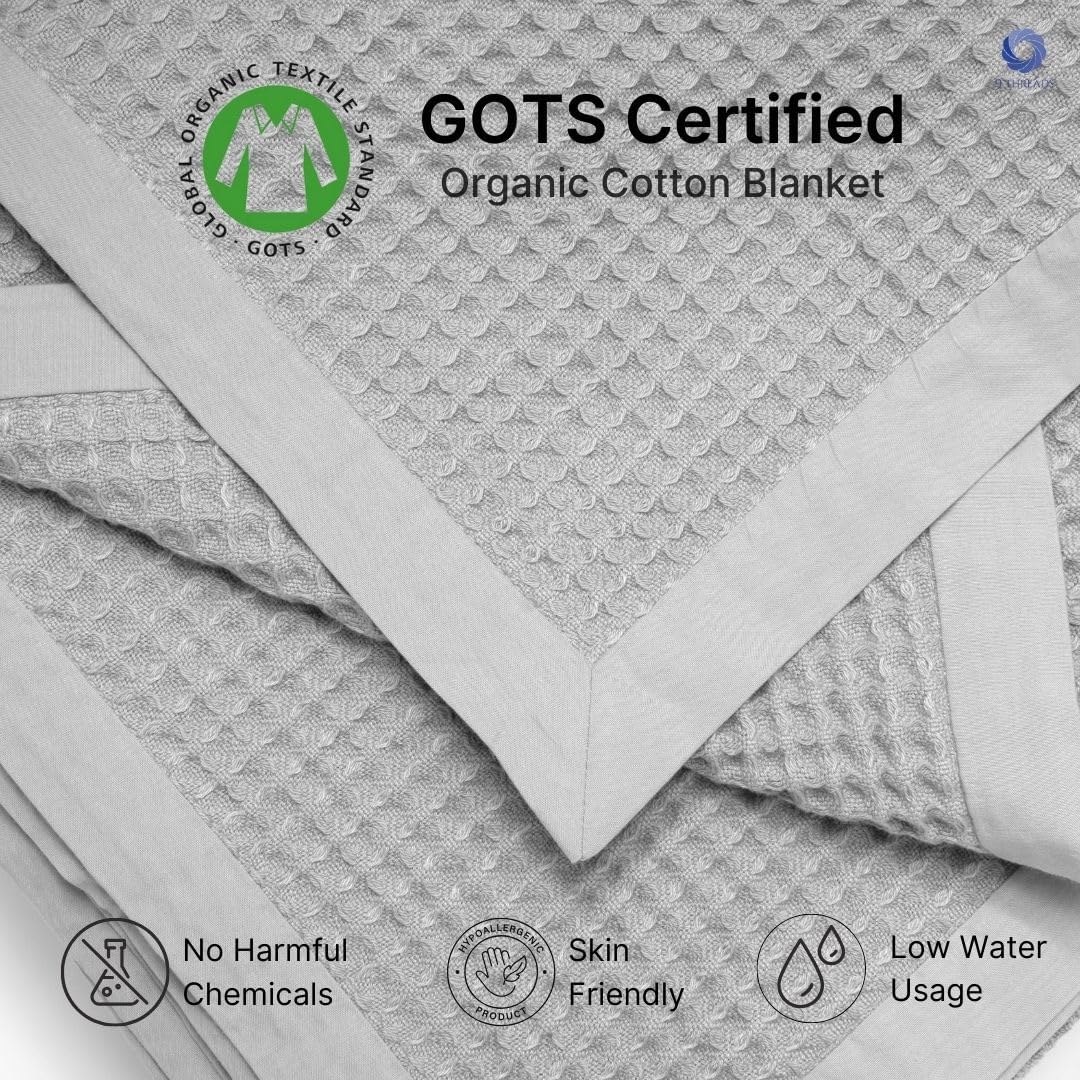 GOTS Certified Organic Cotton Waffle Weave Blanket, Twin Bed Size, 66"X90"Cozy Throw Blanket for Couch, Modern Home Decor, Throw Blankets,Waffle Blanket & Soft Bed Blankets -Scottish Grey