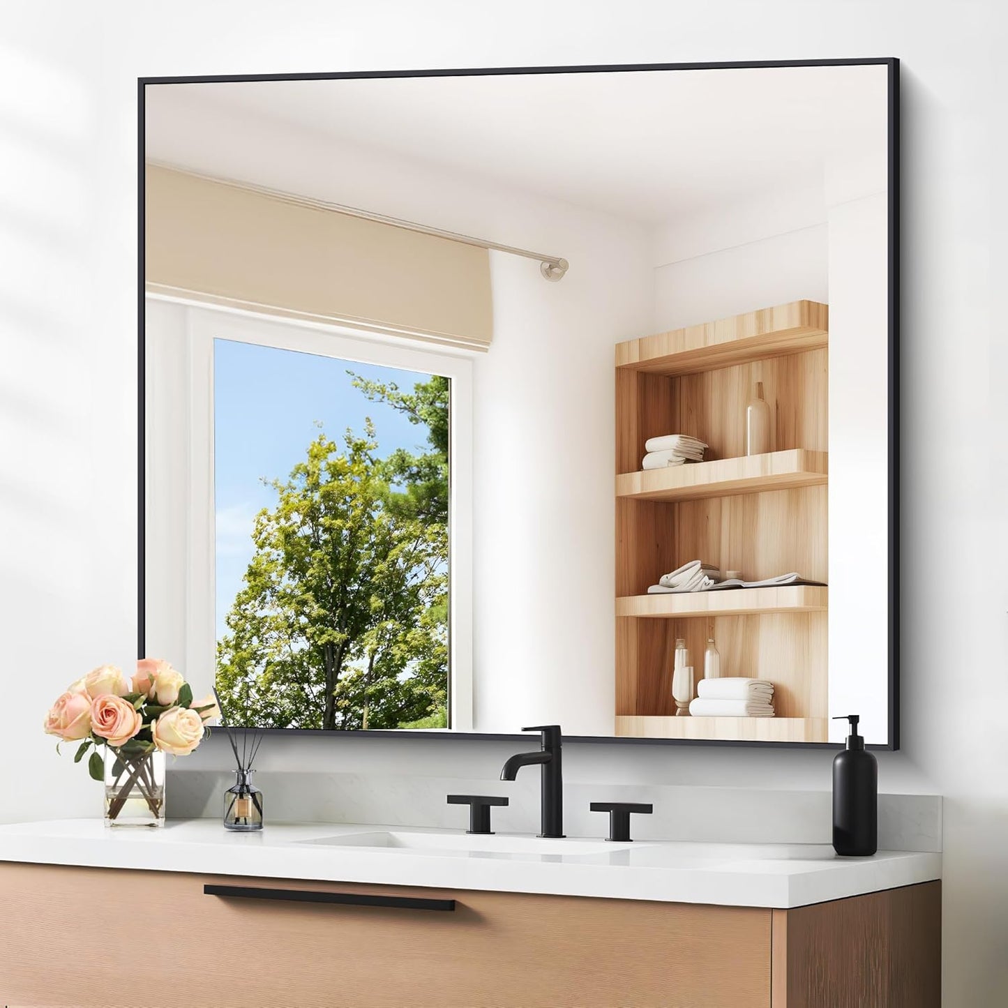 Black Bathroom Mirror for Wall, 36x40 Inch Rectangle Mirrors with Metal Frame, Modern Vanity Wall Mirror Decor for Entryway Hangs, Bathroom Living Room Horizontal or Vertical