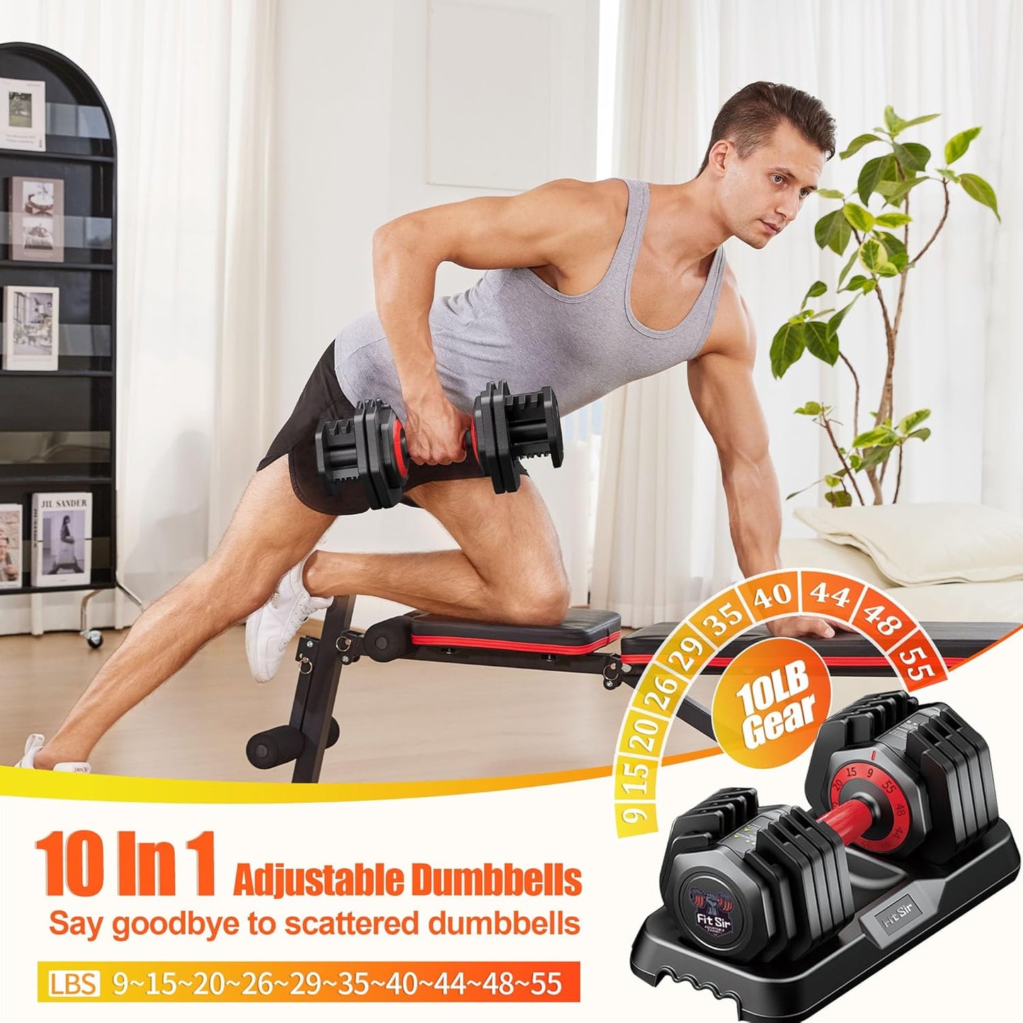 Adjustable Dumbbell Set 25/55/90LBS,10 in 1 Free Weights Dumbbell with Anti-Slip Texture Handle,1 Sec Speed Adjustment Men/Women Gym and Home Strength Training Equipment.