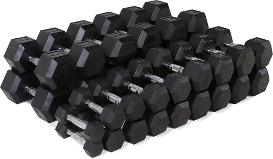 WF Athletic Supply Rubber Coated Hex Dumbbell Set, Multiple Choices Available - Dumbbells with Rack Stand and Mat, or Dumbbells Only (200/550/1200/2100/3000 LB)