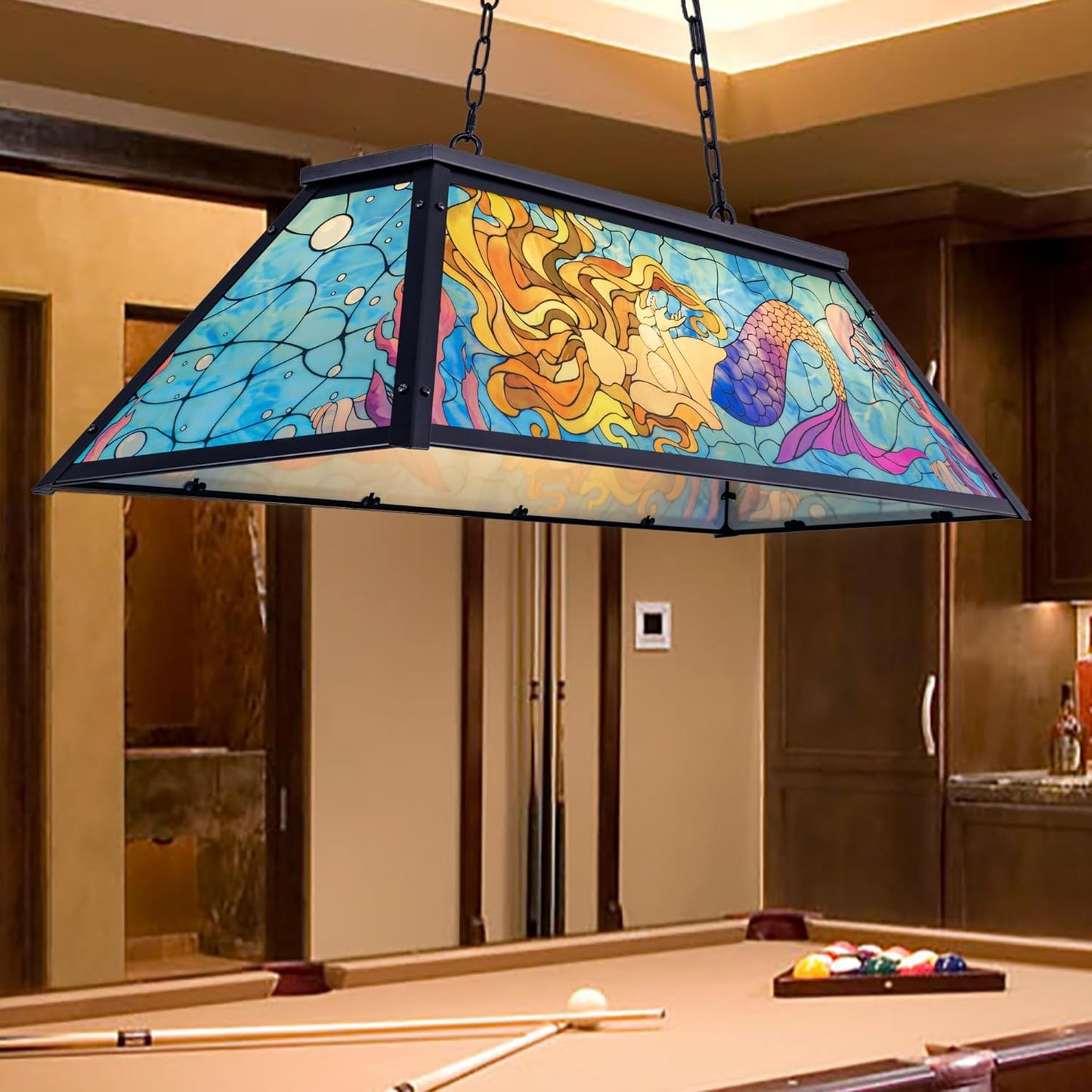 Wellmet Tiffany Pool Table lamp Hanging, Billiards Lamp for Game Room, 4-Lights Modern Chandeliers for Kitchen Island, Snooker Table, Party Men's Cave, Coastal Sea Ocean Style