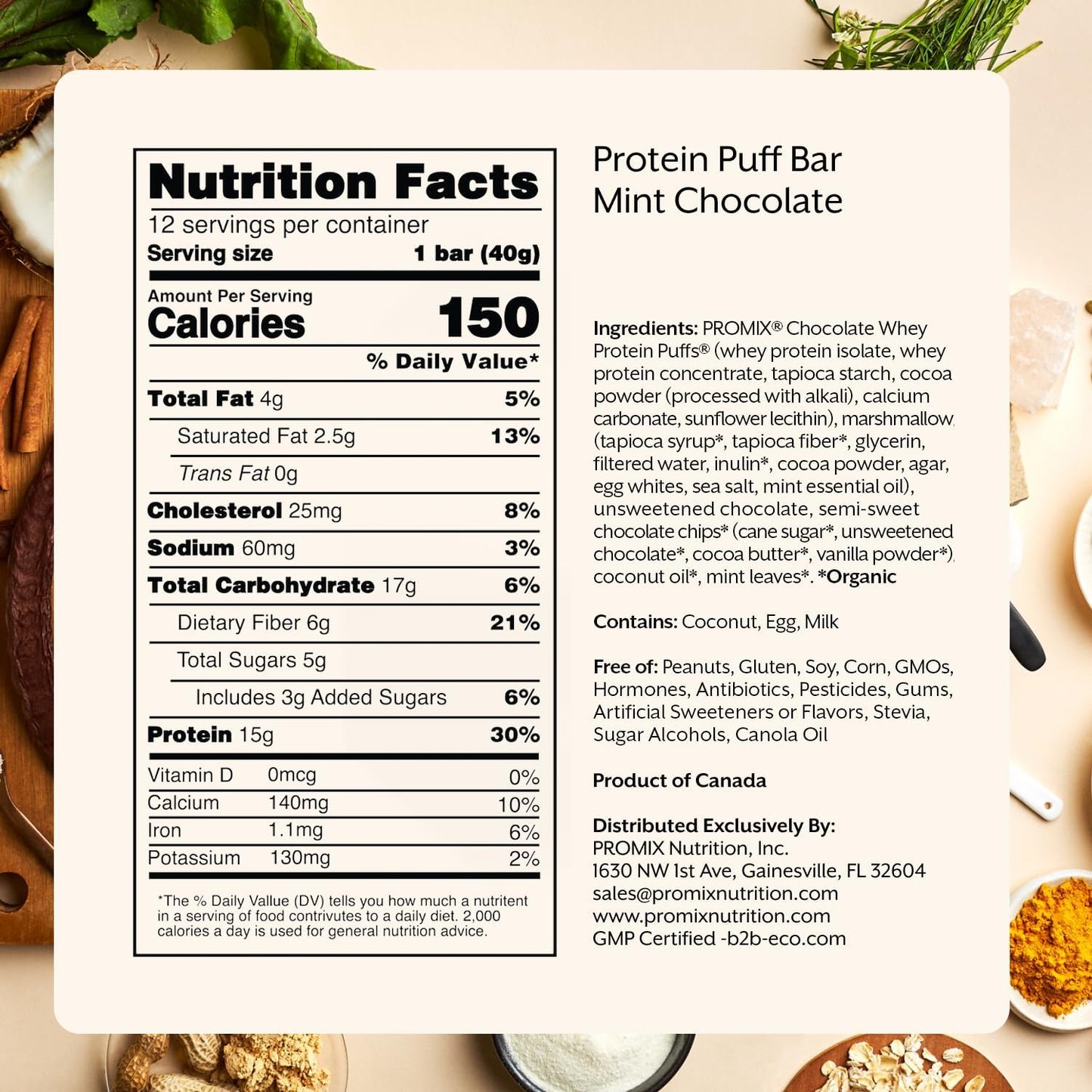 ProMix Nutrition Protein Puff Bars - Mint Chocolate- Marshmallow Crispy Treat - Great Tasting & Healthy On The Go Snack - High Protein & Low Calorie -Free From Gluten, Soy, & Corn - 12 Bars