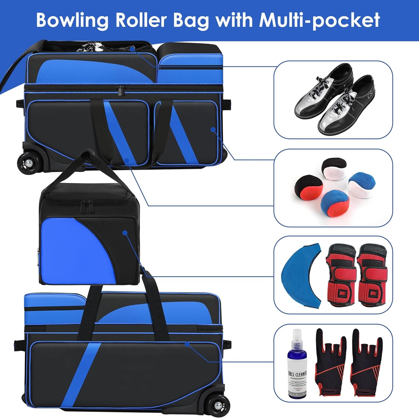4 Ball Bowling Bag with Wheels, Bowling Bag 4 Ball Roller with Multi-pocket & Shoe Compartment & Retractable Handle, 3 Ball Roller Bag + 1 Ball Color Matching Add On Tote