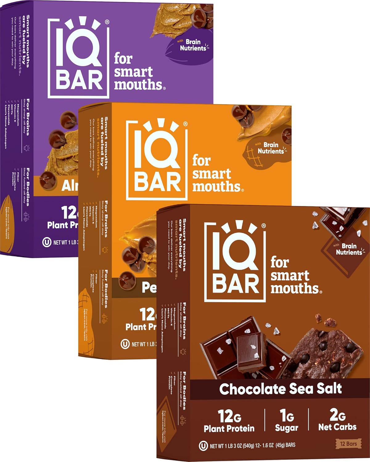 IQBAR Brain and Body Plant Protein Bars - Chocolate Lovers Variety - 36-Count Low Carb - Gluten Free, High Fiber, Vegan Snacks - Low Sugar Meal Replacement
