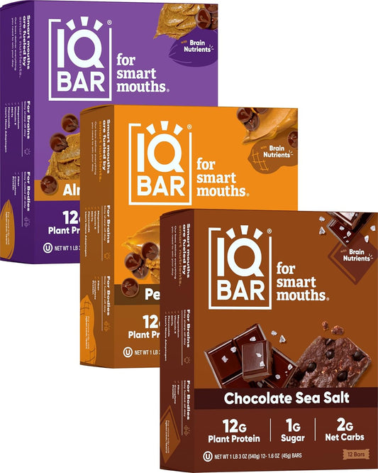 IQBAR Brain and Body Plant Protein Bars - Chocolate Lovers Variety - 36-Count Low Carb - Gluten Free, High Fiber, Vegan Snacks - Low Sugar Meal Replacement