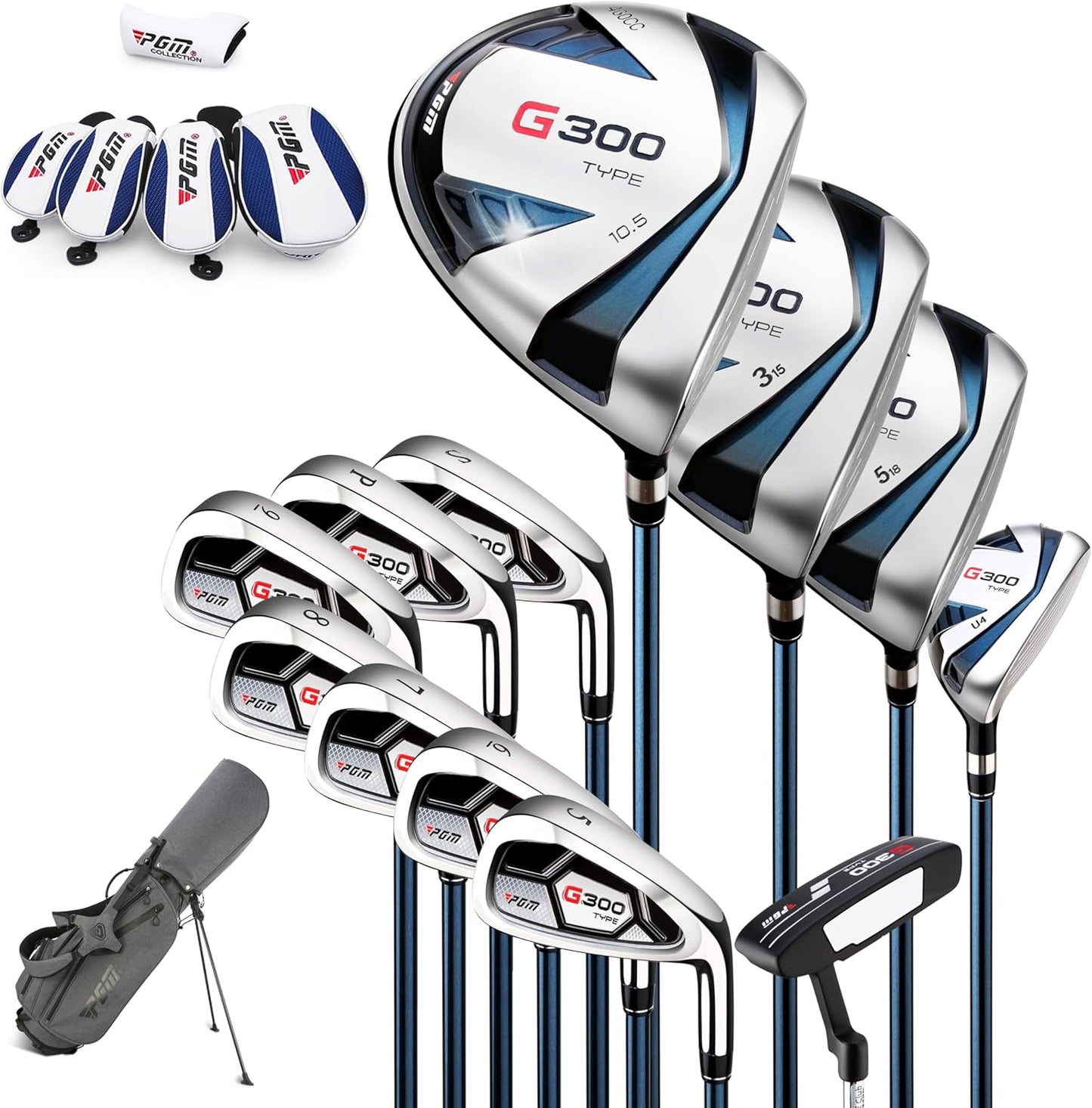 PGM Men's G Type Complete Golf Club Set - Titanium #1 Driver, Draw-Biased Hybrid, High-Strength Iron Set, High Forgiveness Putter, with Stand Bag