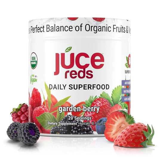 JUCE Reds Organic Superfood Powder - Garden Berry Flavor | Fruit & Veggie Powder for Everyone w/64 Immune Boosting Superfood Plus Probiotics for Gut Health | 20 Servings (230g)