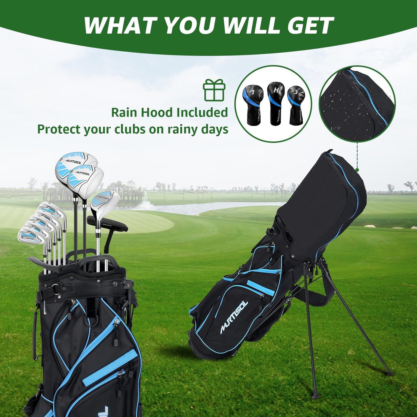 10 Pieces Complete Mens Womens Golf Clubs Set Right Hand for Men Women Includes Stand Bag with Rain Hood, 1#Driver 3#Wood #5 Hybrid,with 3 Head Covers, 6# 7# 8# 9# PW# Irons and Putter