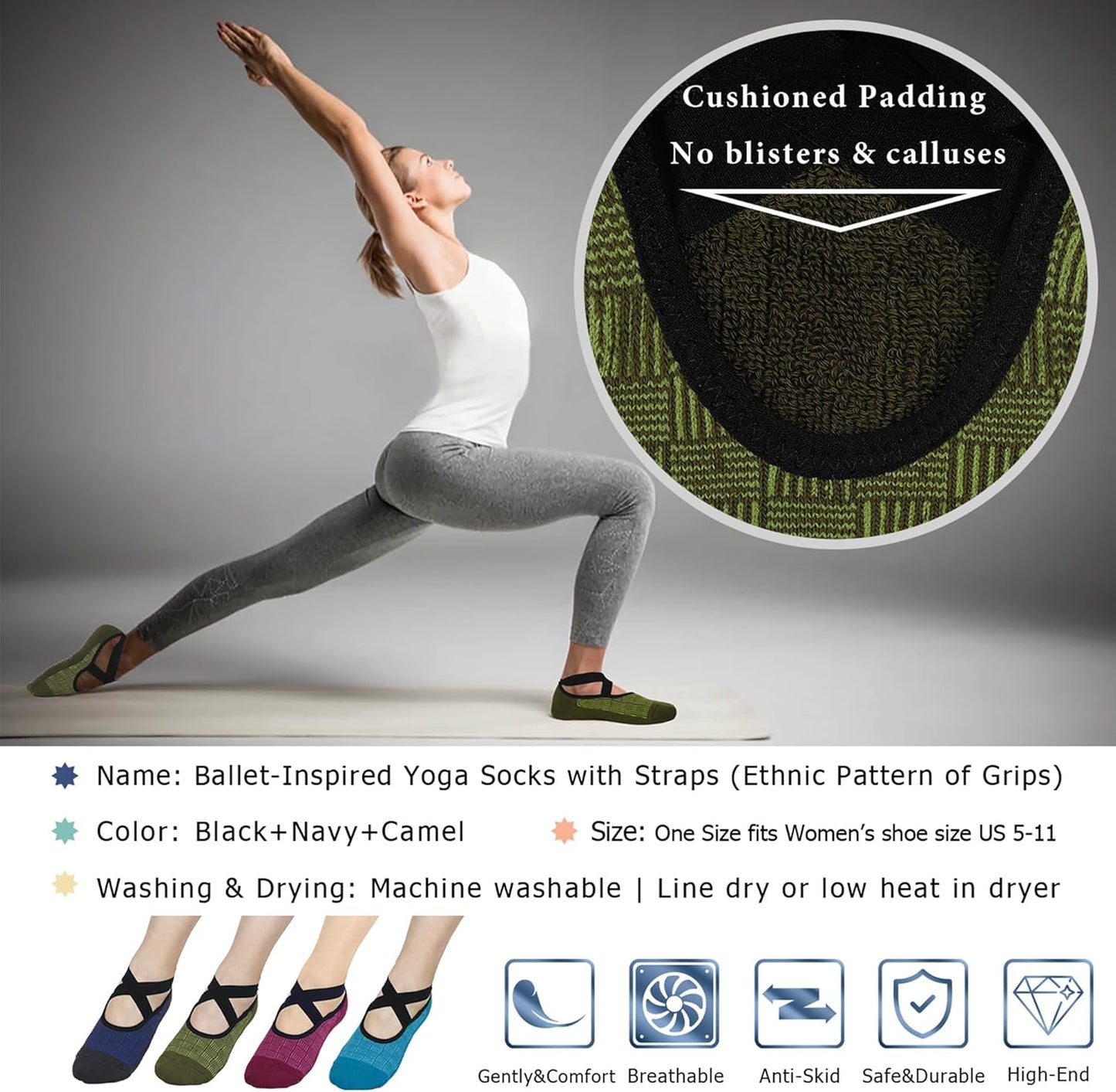 Ozaiic Yoga Socks for Women Non-Slip Grips & Straps, Ideal for Pilates, Pure Barre, Ballet, Dance, Barefoot Workout
