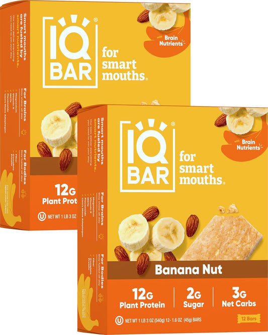 IQBAR Brain and Body Plant Protein Bars - Banana Nut - 24-Count Low Carb - Gluten Free, High Fiber, Vegan Snacks - Low Sugar Meal Replacement