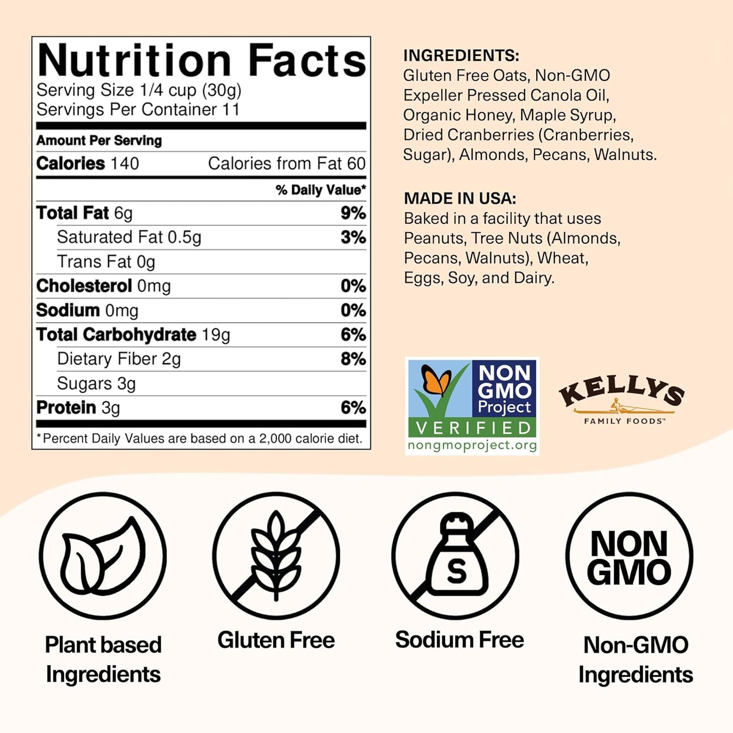Kelly's Four Plus (Cranberry Nut) Granola Cereal with Whole Grain Oats, Honey, Maple Syrup - Non-GMO, Low Sugar, Sodium Free and Gluten Free Granola for Yogurt - 12oz