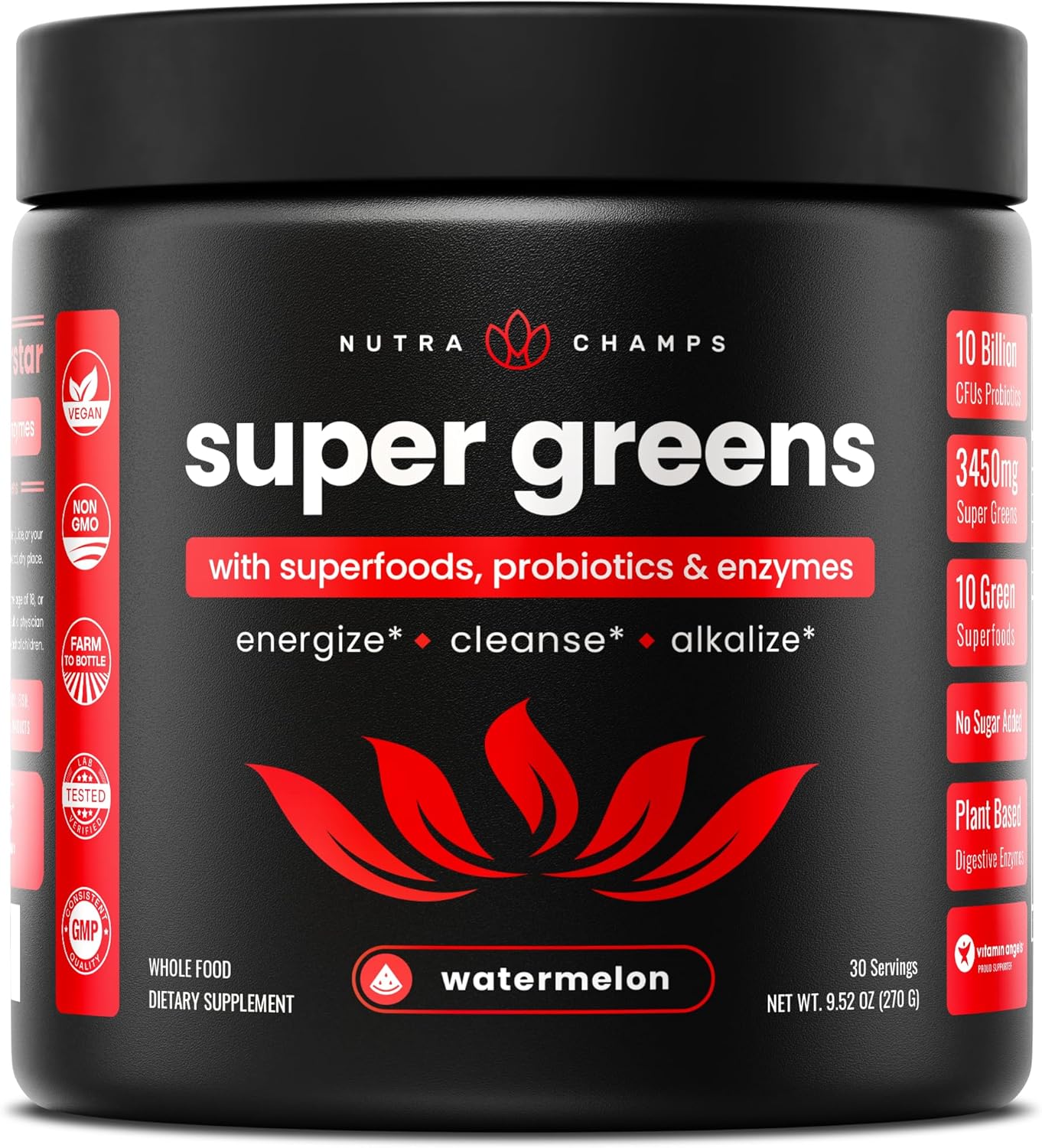 NutraChamps Super Greens Powder Premium Superfood | 20+ Organic Green Veggie Whole Foods | Alfalfa, Spirulina, Chlorella & More | Antioxidant, Digestive Enzyme & Probiotic Blends | Watermelon