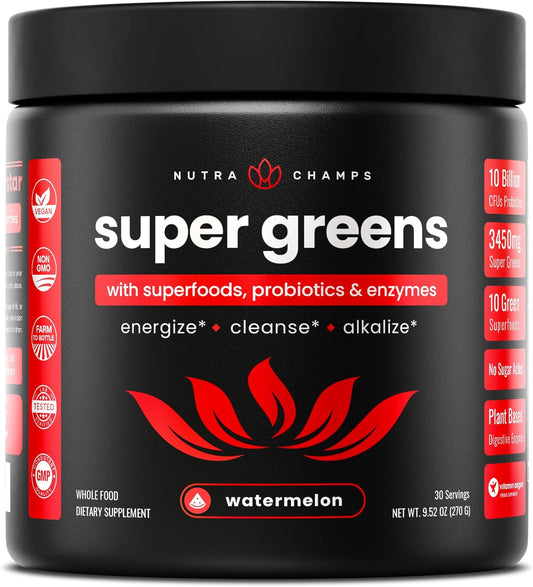 NutraChamps Super Greens Powder Premium Superfood | 20+ Organic Green Veggie Whole Foods | Alfalfa, Spirulina, Chlorella & More | Antioxidant, Digestive Enzyme & Probiotic Blends | Watermelon