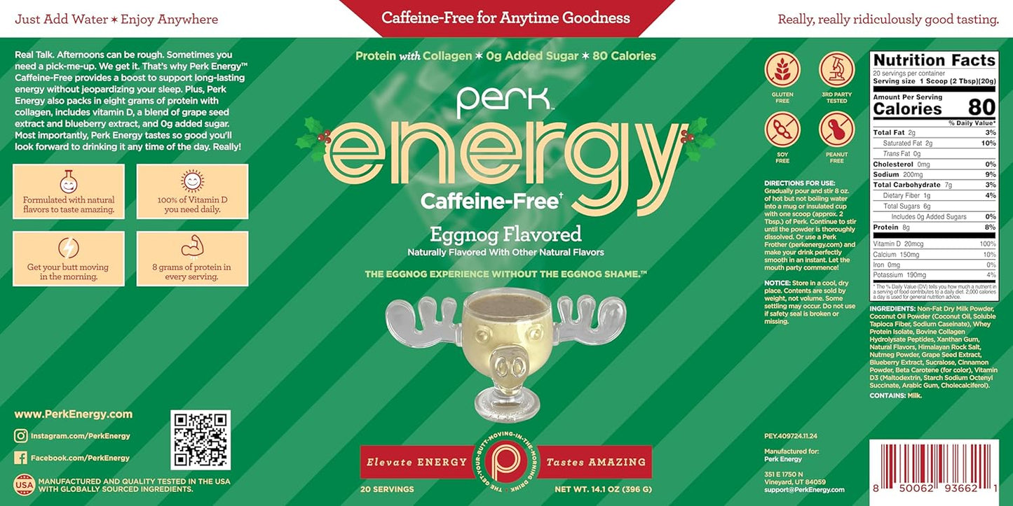 Perk Energy Original Caffeine-Free Eggnog (20 Servings) - Gluten Free, Soy Free, Peanut Free