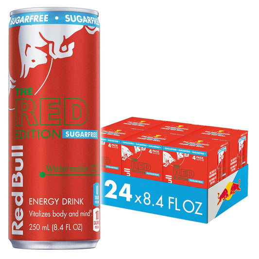 Red Bull Red Edition Sugar Free Energy Drink, Watermelon, with 80mg Caffeine plus Taurine & B Vitamins, 8.4 Fl Oz, 6 Packs of 4 Cans (Pack of 24)