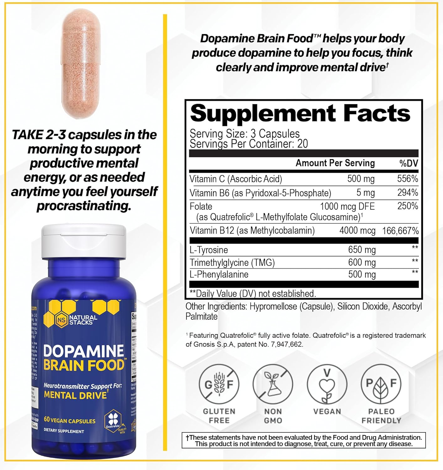 Dopamine Brain Food - 650mg L-Tyrosine Supplement - Dopamine Supplement for Focus & Mental Drive - Supports Mental Energy - Neurotransmitter Support with B Vitamins - 60 Capsules