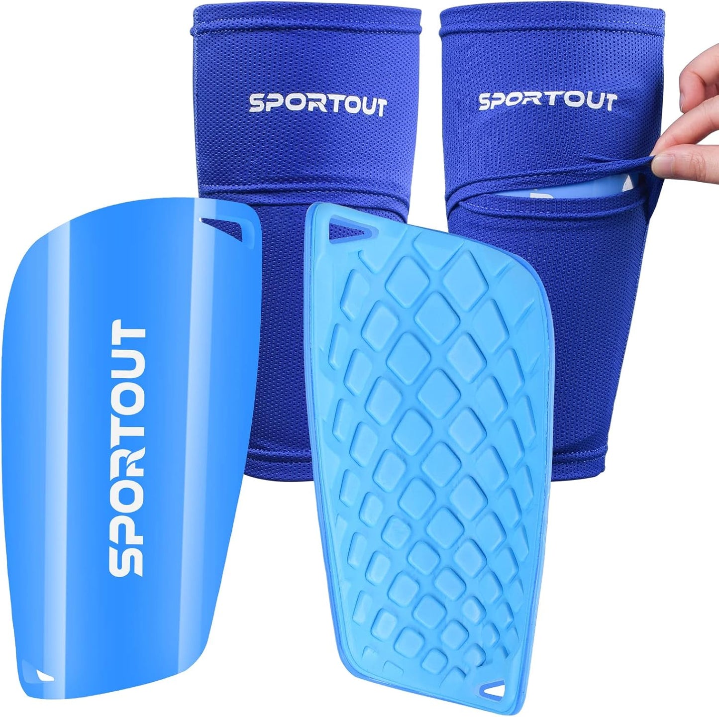 Sportout Soccer Shin Guards - Shin Guards Soccer Kids Youth Adult Protective Shin Pads with Sleeves and Insert Pocket for Boys Girls for Age 4-6, 6-8, 8-10,10-12,12-14,14-Adult