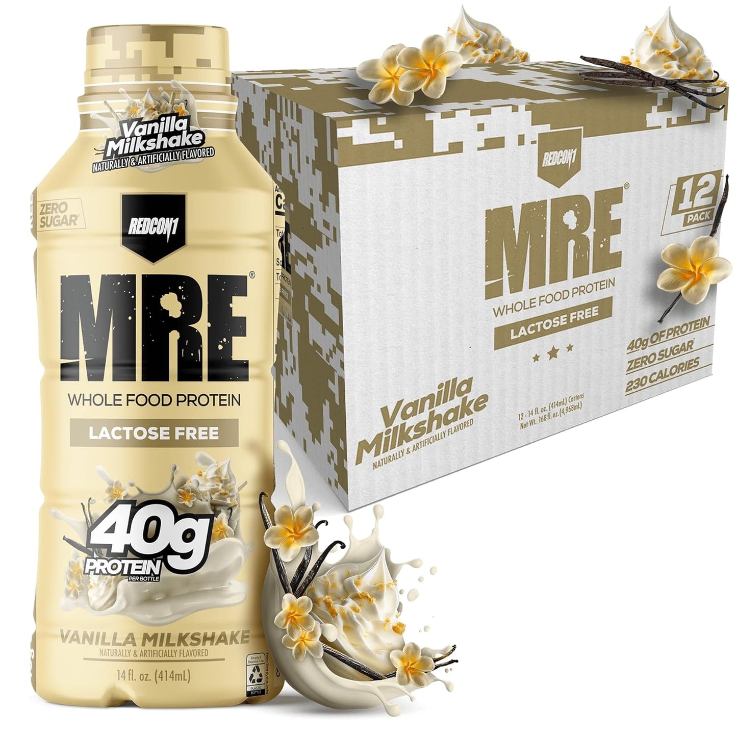 REDCON1 MRE Ready to Drink Protein Shake, Vanilla Milkshake - Lactose + Whey Free RTD 40gr Protein Made with Real Whole Food Protein Blends - Keto-Friendly, Easy to Digest Nutritional Shake (12 Pack)