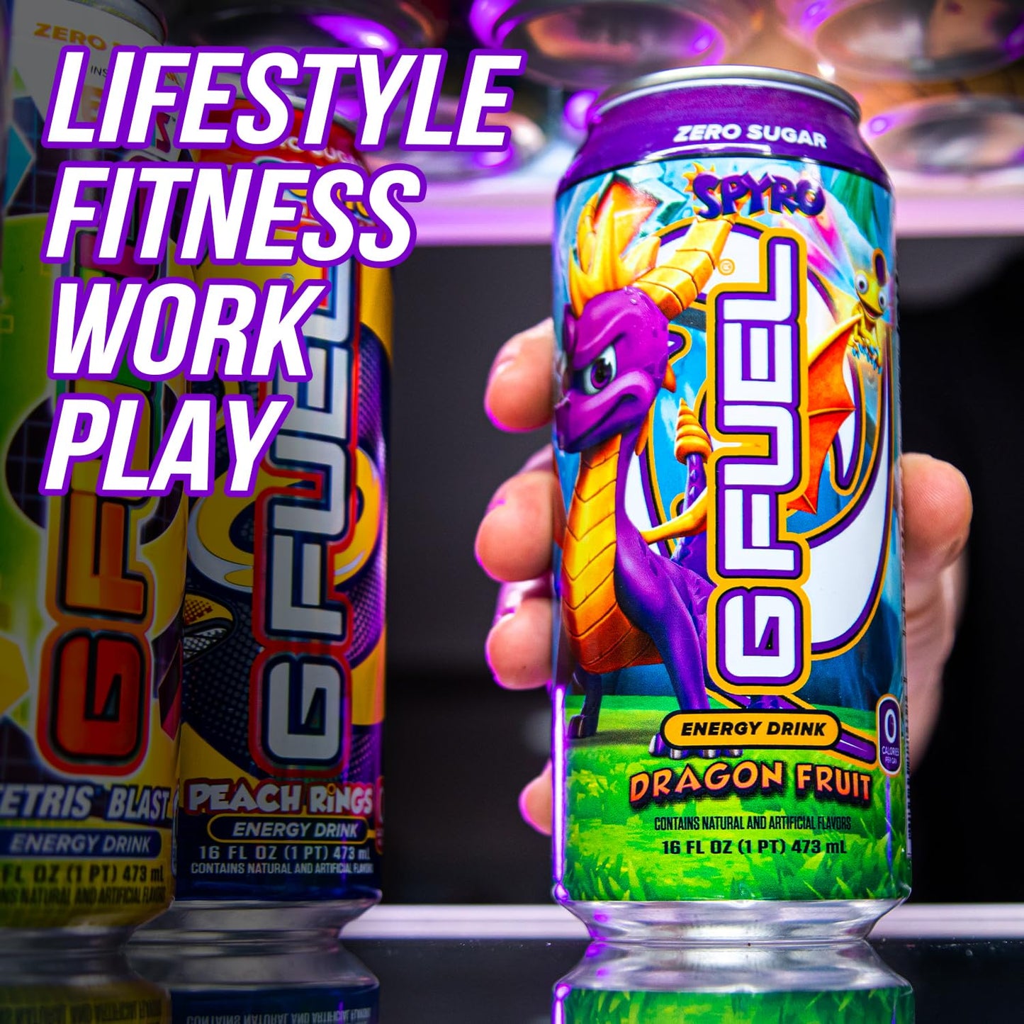 G Fuel Energy Drink, Dragon Fruit, Sugar Free Beverage with 140mg Caffeine, Daily Energy Boost with Focus Amino, Vitamin + Antioxidants, 16 oz Cans (Spyro the Dragon, 12-Pack)