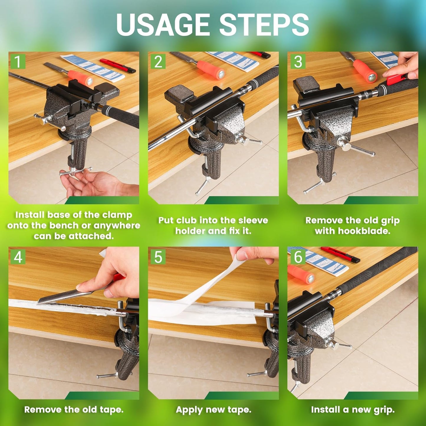 Liaakrr Golf Grip Kit for Regripping Golf Clubs, Golf Club Regripping Kit- Portable Table Vise Clamp, Hook Blade, 13 Tape Strips (2"x10"), Rubber Sleeve for DIY/Pro Club Repair-Complete Grip Replacement Tool Set for Home or Travel