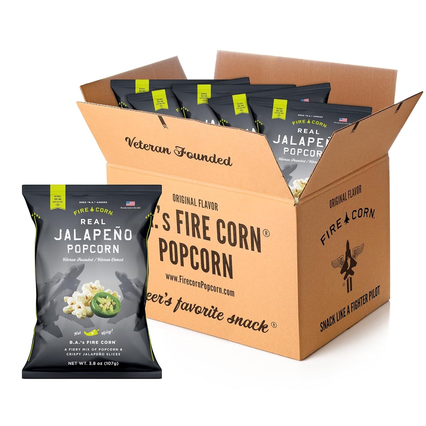 Fire Corn Popcorn Pack of 6 Real Jalapeno Popcorn Gluten Free, Spicy, Non-GMO, Healthy Snacks Founded & Owned by Combat Veteran, Original Flavor, 3.8 oz Sharing Bags