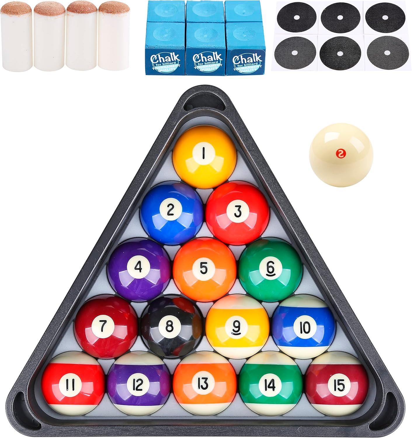 Billiard Pool Balls with Triangle Ball Rack, Cue Chalks, Table Spot Stickers & Tip Replacements - Pool Table Accessories