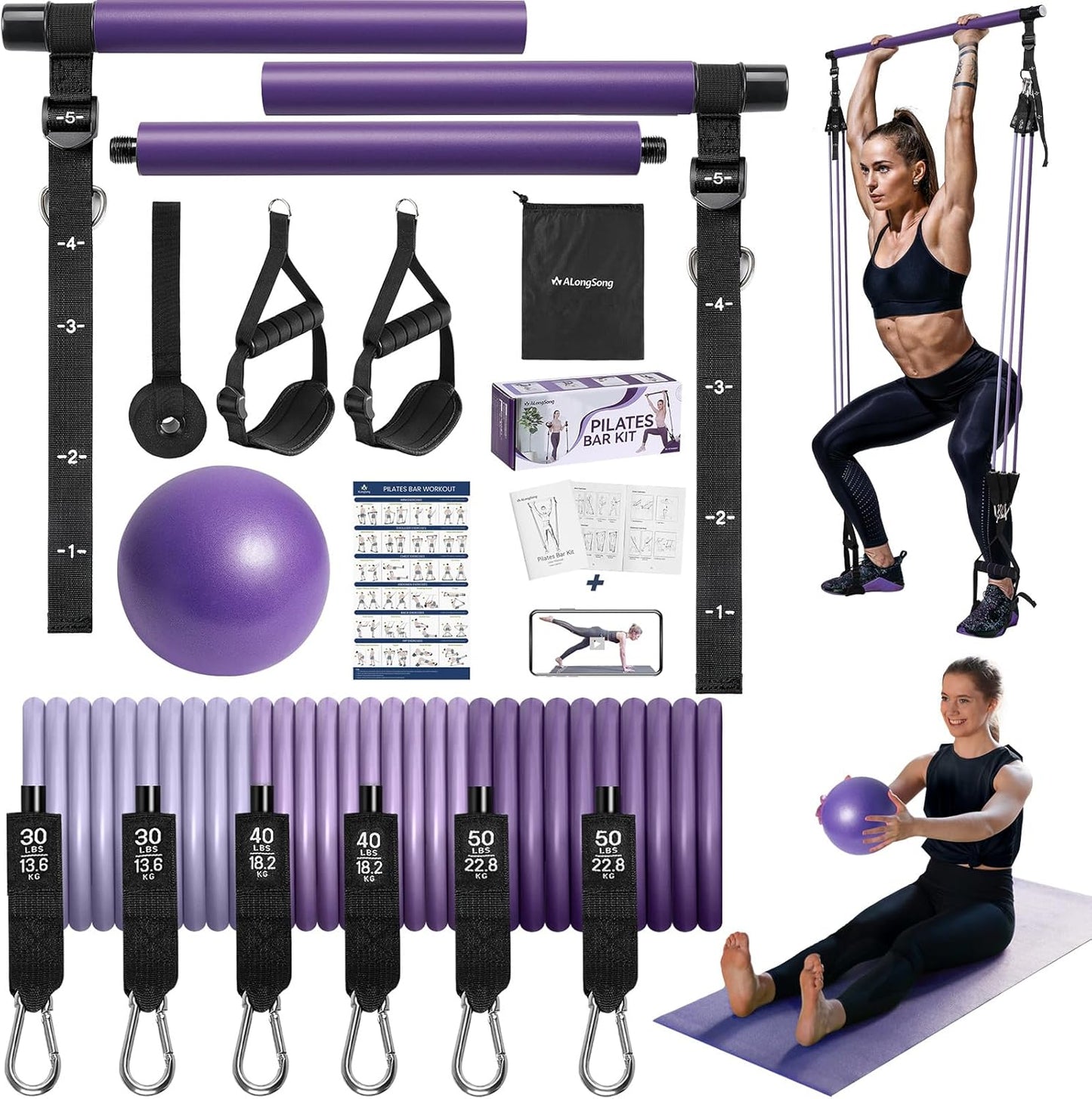 Upgraded Pilates Bar Kit with Resistance Bands Natural Latex for Women & Men, Heavy-Duty Stainless Steel Multifunctional Yoga Pilates Stick for Home Gym Exercise Fitness Equipment Full-Body Workouts