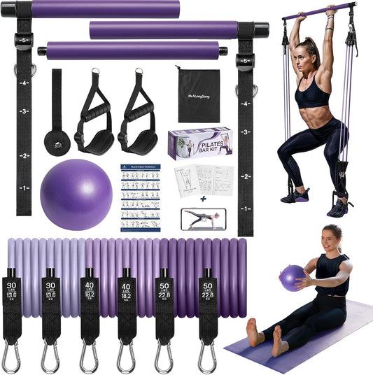 Upgraded Pilates Bar Kit with Resistance Bands Natural Latex for Women & Men, Heavy-Duty Stainless Steel Multifunctional Yoga Pilates Stick for Home Gym Exercise Fitness Equipment Full-Body Workouts