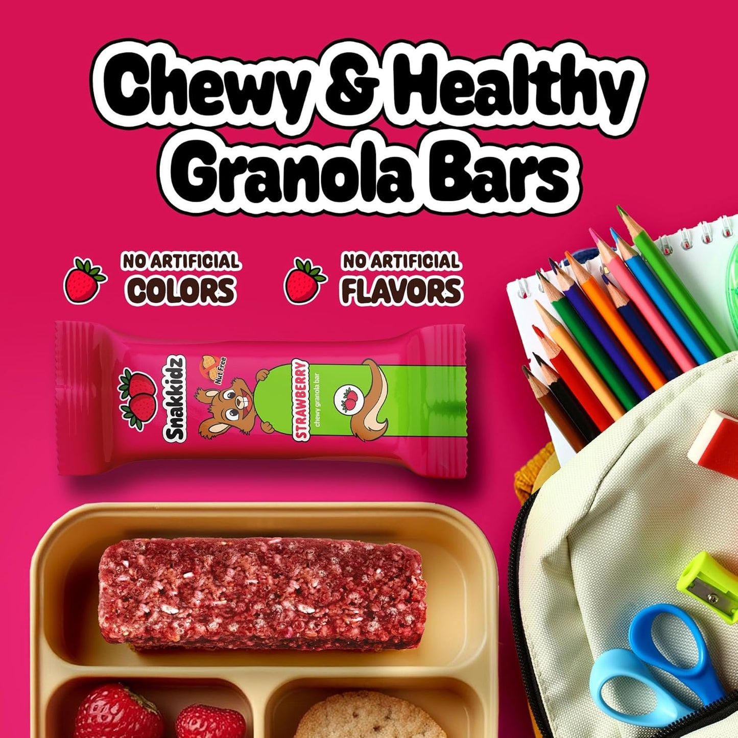 Snakkidz Organic Chewy Granola Bar, Allergen Free, Made with Avocado Oil, Low Sugar (15 Bars, Strawberry)