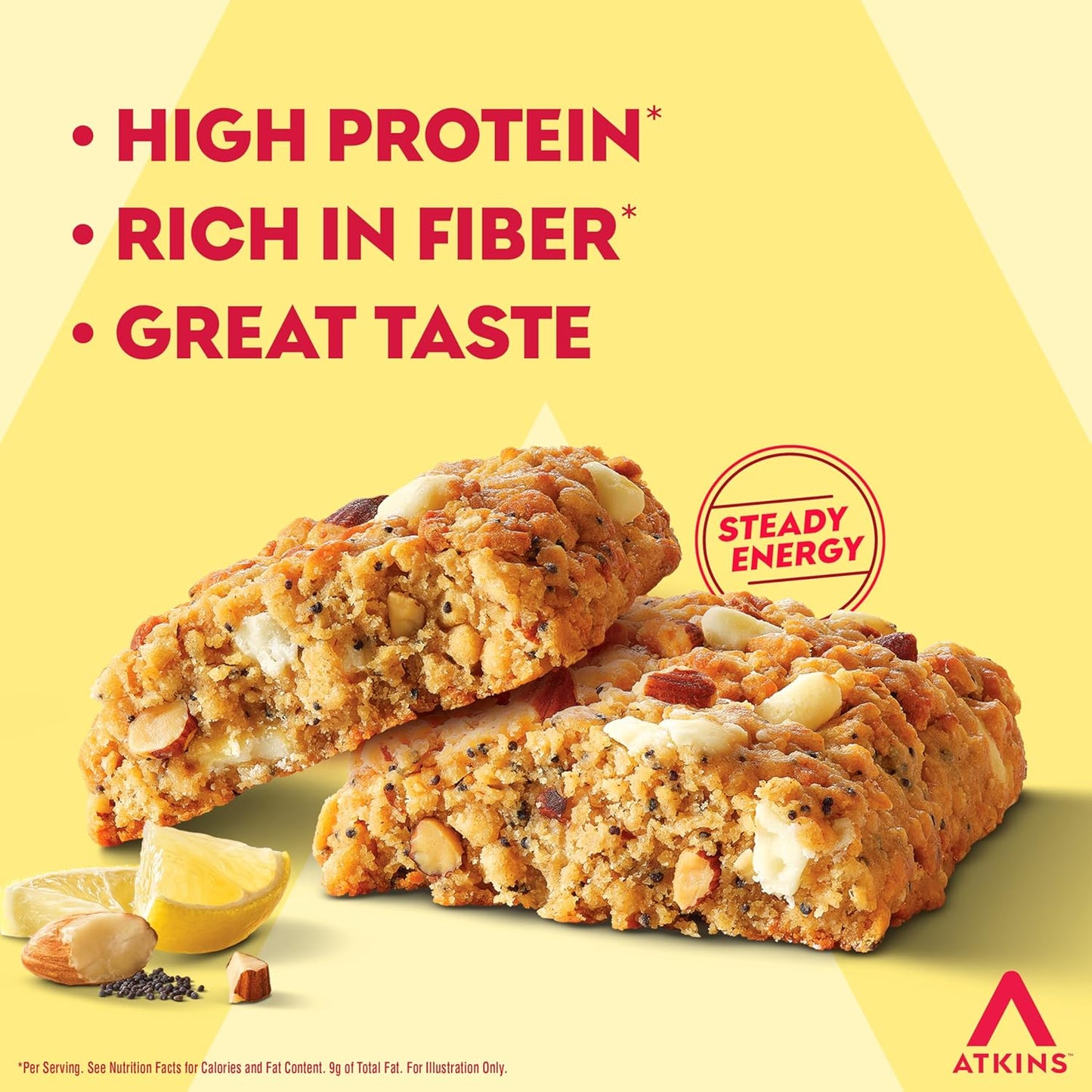 Atkins Soft Baked Protein Bars, Lemon Poppyseed, 15g Protein, 2g Sugar, Excellent Source of Fiber, Low Carb, 6 Packs (4 Bars Each)