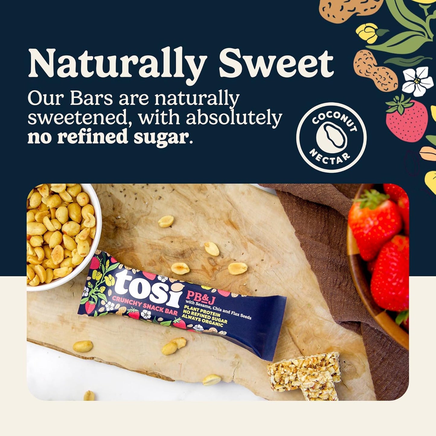 Tosi Peanut Butter & Jelly Protein Bars, Plant Based with Nuts, Gluten-Free Crunchy Snacks, Vegan, Organic, Flax & Chia Seeds, Soy-Free, Omega 3s, 7G Protein, 1 oz, 12-Pack