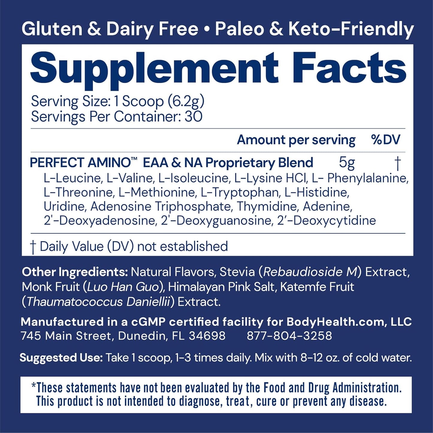 BodyHealth PerfectAmino Powder - BCAA and EAA Powder for Pre and Post Workout - Amino Acid Energy Drink for Men and Women to Support Lean Muscle and Recovery - Vanilla - 30 Servings