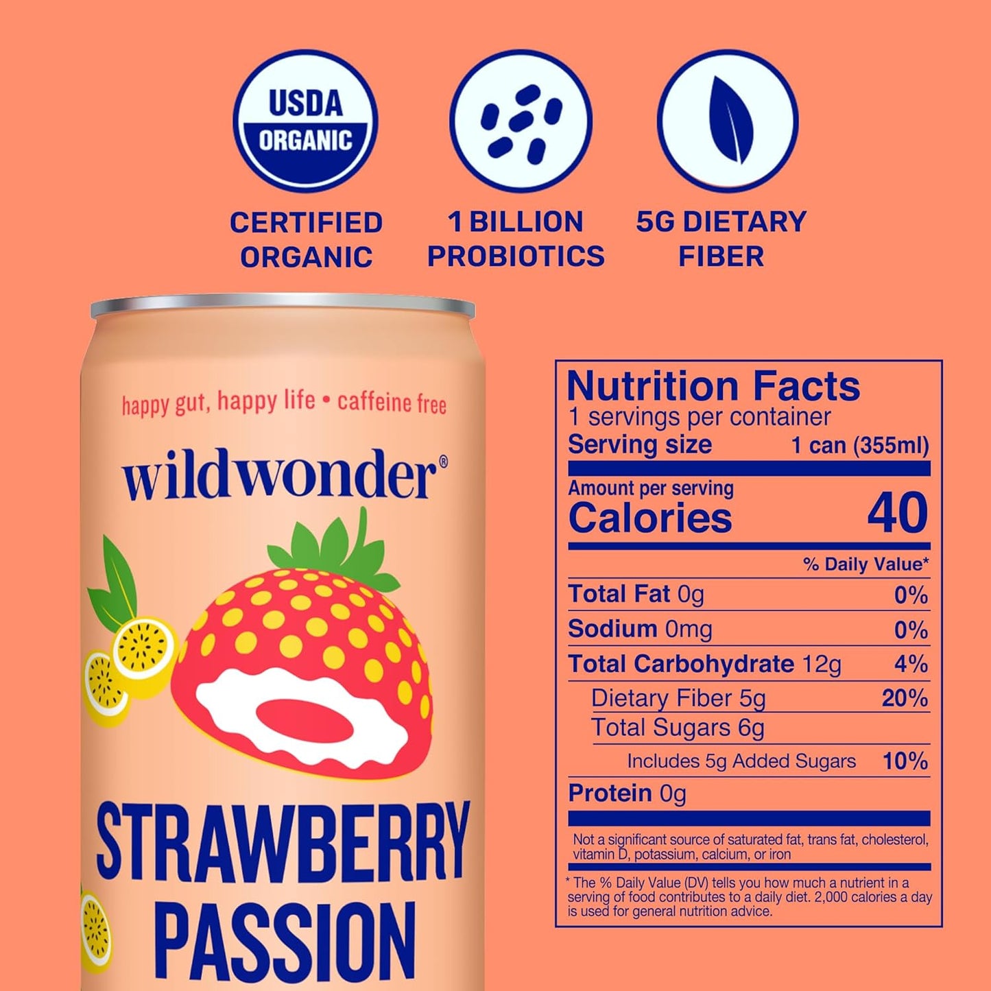 wildwonder Sparkling Probiotic Drink 12pk, For Gut Health & Immune Support, Strawberry Passion, 5g Prebiotic Fiber, Live Probiotics, Organic, Vegan, Low Sugar, 12 Pack, 12oz Can, As Seen on Shark Tank