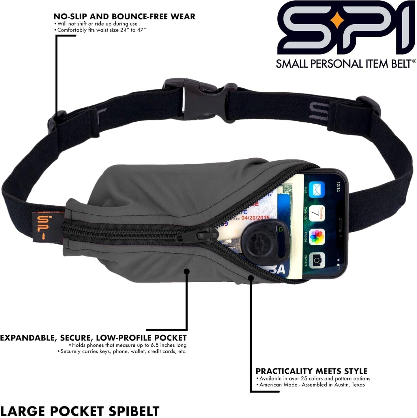 SPIbelt Running Belt for Women Men, Phone Holder for Running, Running Fanny Pack, Holder for Phone, Running Waist Pack, Adjustable Waist, [Fits All Phones]. Rave with Black Zipper