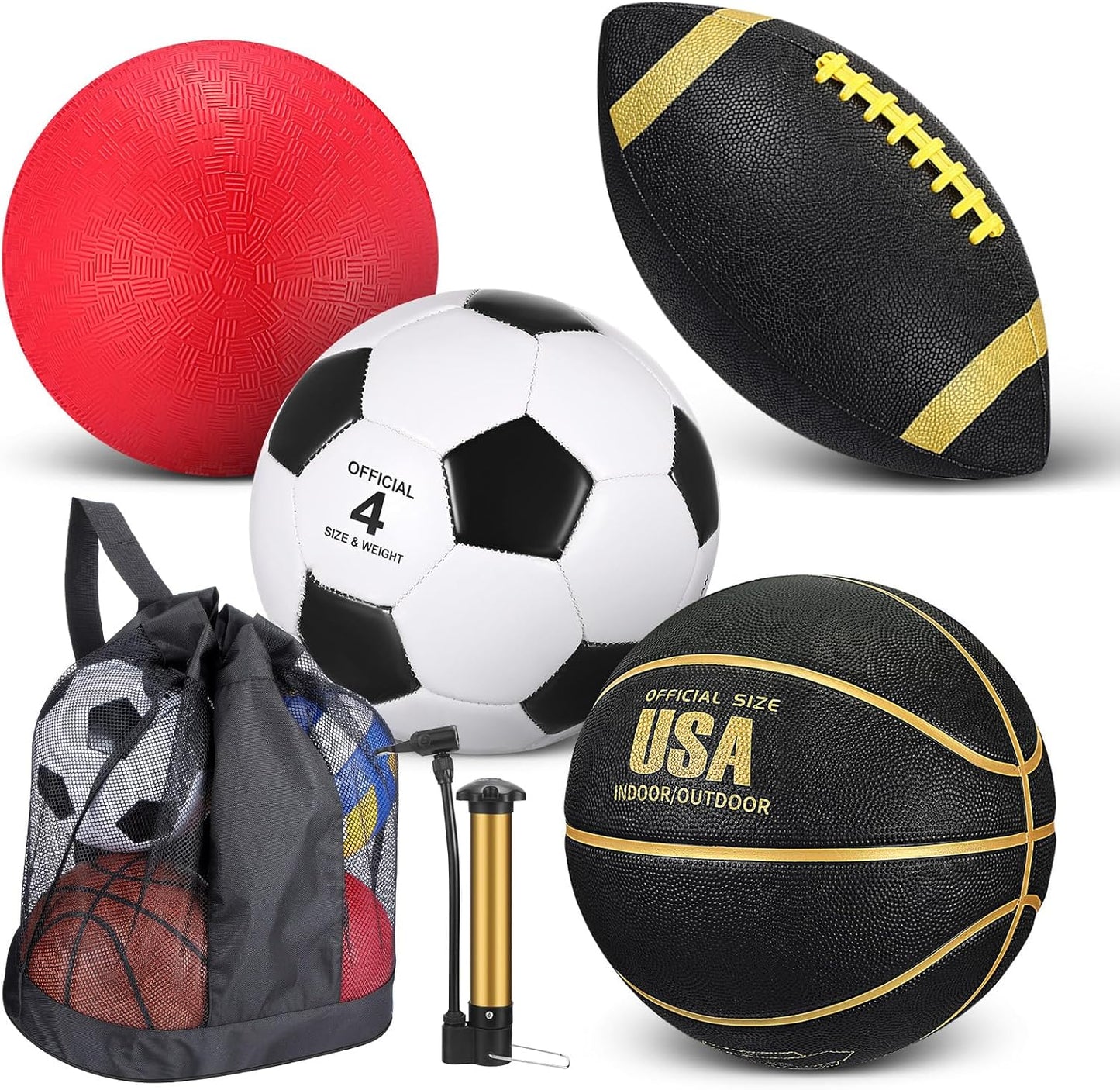 Deekin 4 Pcs Sport Balls Set for Kids Teens, Include Official Size 5 Basketball 4 Soccer 6 Football Playground Ball and Pump Sports Equipment Bag Recess Equipment Sport for Students(Classic Color)
