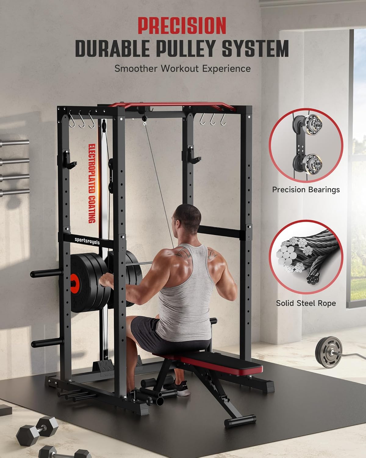 Sportsroyals Power Cage,1600lbs Multi-Function Power Rack with Adjustable Cable Crossover System and More Training Attachment, Weight Cage for Home Gym