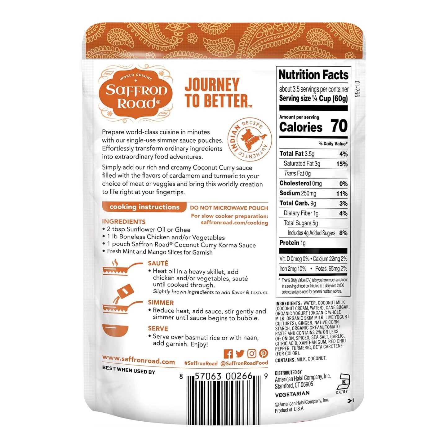Saffron Road Coconut Curry Simmer Sauce | Globally Inspired Simmer Sauce | Gluten-free, Vegetarian, Non-GMO, and Certified Halal and Kosher | 7.0oz Pouch | Pack of 4