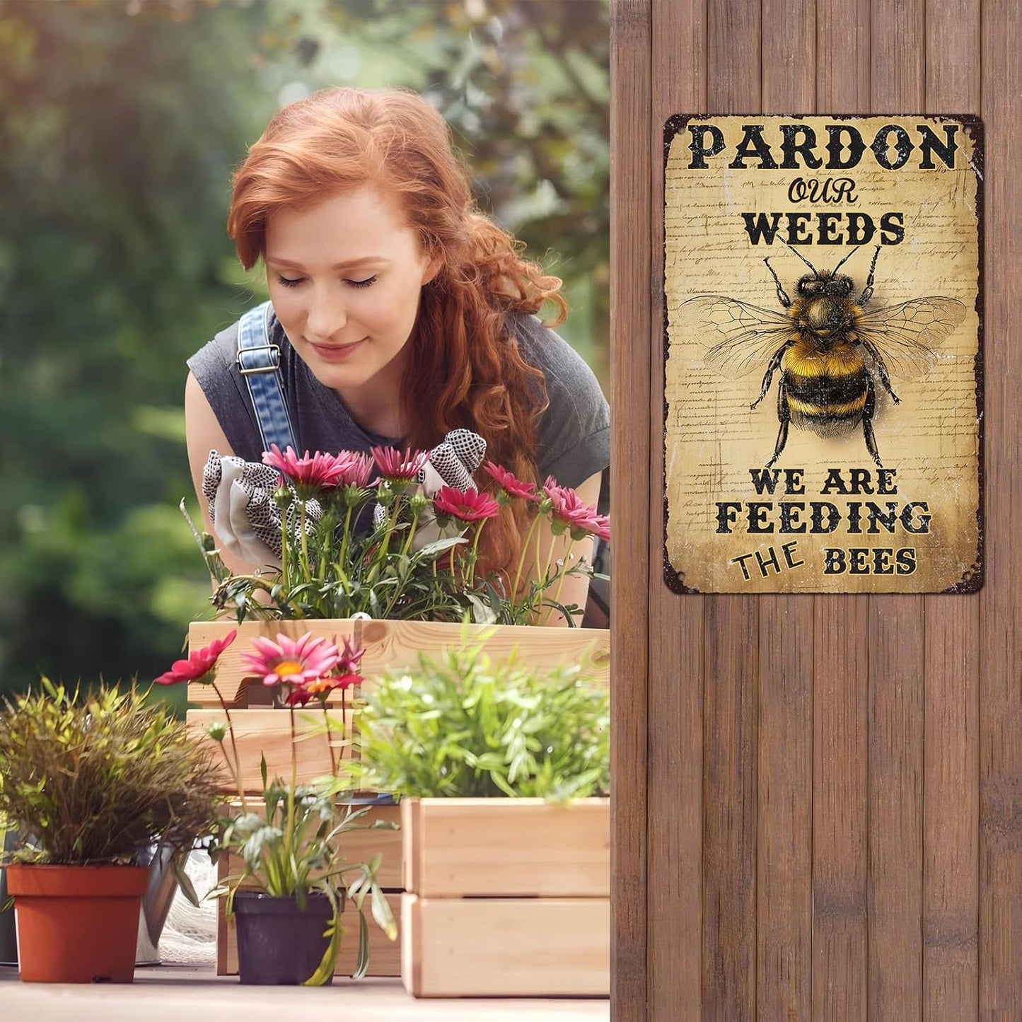 Vintage Bee Tin Sign Pardon Our Weeds We're Feeding The Bees Retro Garden Metal Poster Funny Wall Art Cafe Office Wall Decor for Kitchen Home Bar Plub Club Shop 12 * 8inch