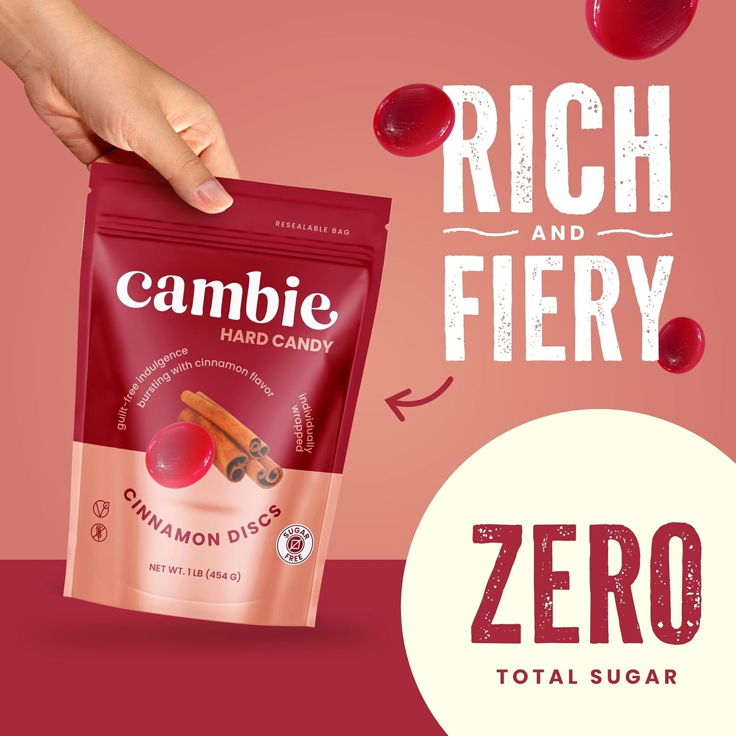 Cambie Sugar Free Cinnamon Hard Candy, 1 lb of Sugar Free Hard Candy, Individually Wrapped Cinnamon Discs, Fiery & Sweet Flavor packaged in a Resealable Pouch
