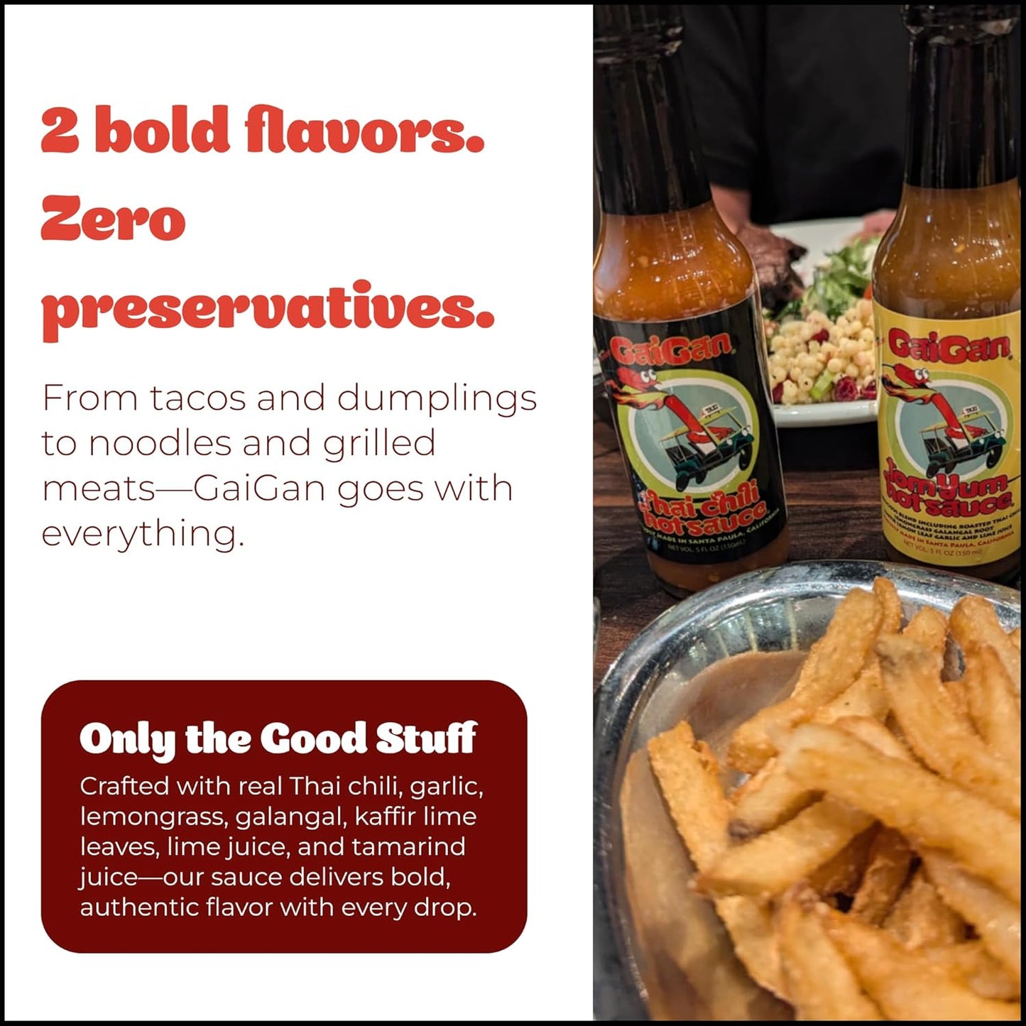GaiGan - Tom Yum Hot Sauce/Soup Mix & Pineapple Thai Chili Combo Set, Low-Calorie All-Natural Vegan Condiments, Gluten Free with Low Sodium & No Preservatives, 2 Hot Sauce Bottles (150 mL) per Pack